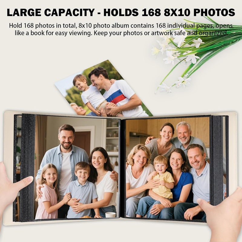 Aevdor 8x10 Photo Album 168 Pockets Holds 168 Photos, Large Capacity Leather Cover Family Wedding Baby Photo Book for 8 x 10 Pictures, Photo Album 8x10 with Black Inner Pages (Beige) - Image 3